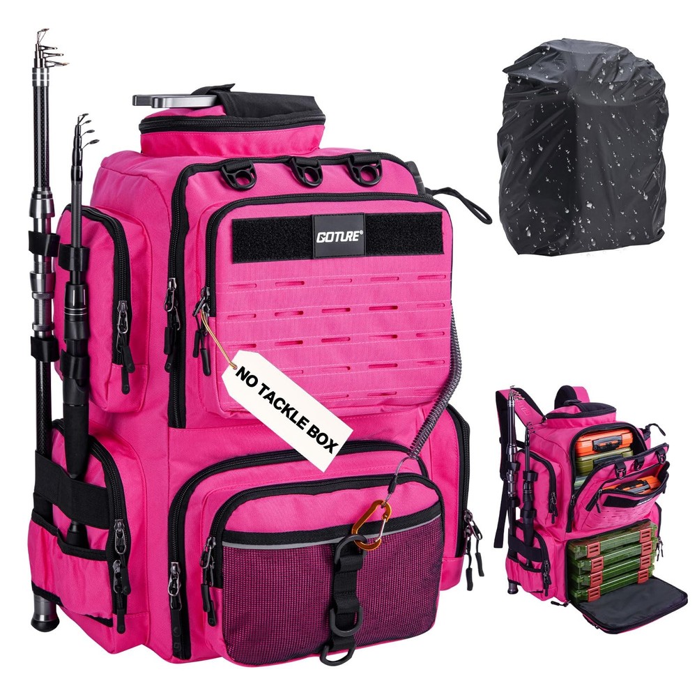 Fishing Tackle Backpack with 2 Rod Holders & Rain Cover