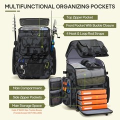 Fishing Backpack, 45L Large Fishing Bag with 4 Rod Holders & Black Camouflage