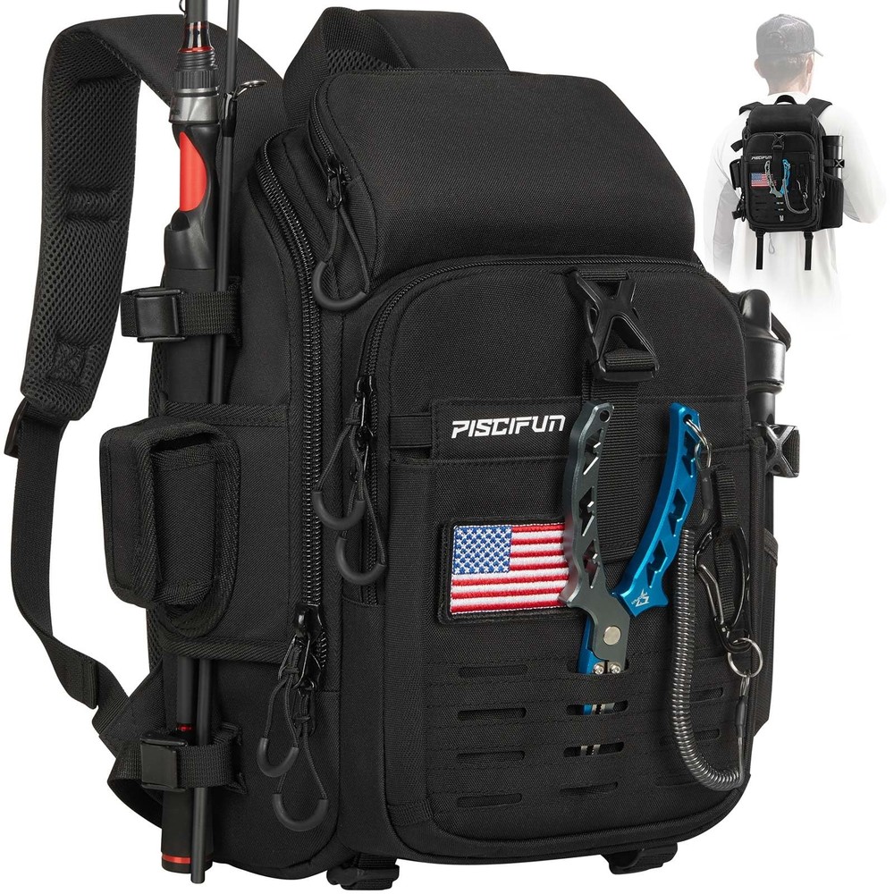 Piscifun Fishing Tackle Backpack with Rod Holder, Water~Resistant, Black