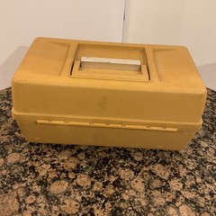 Vintage Old Pal Fishing Tackle Box Model 1050 Tan 2 Tray Plus Wooden Bobbers