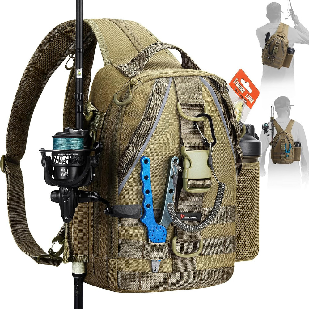 Fishing Backpack, Rod Holders, Lightweight Sling Bag, Khaki |