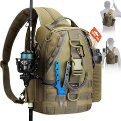 Fishing Backpack, Rod Holders, Lightweight Sling Bag, Khaki |