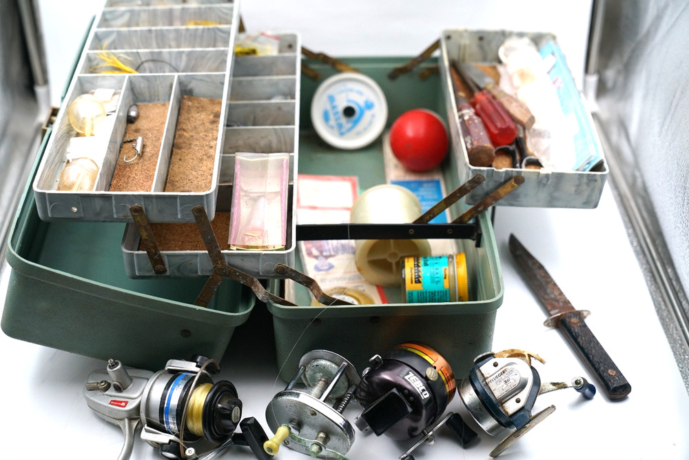 Vintage Fishing Tackle Box -with assorted Tackle, Lures Reels , etc