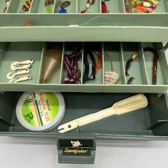 Vtg Sportfisher 450 Tackle Box With Cabela’s Spinner Lures And Soft Bates