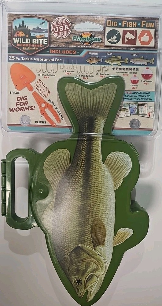 Flambeau Wild Bite Adventure Bass Fishing Kit Kids 25pc Tackle Box Outdoors Gear