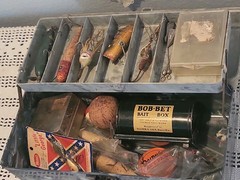 Vtg Green Gray Marblelite Green White Swirl Fishing Tackle Box Full of Lures Et