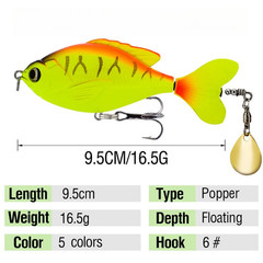 5PCS 9.5cm Topwater Popper Bait with Lifelike Spinner for Bass Fishing