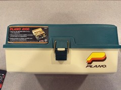 Vintage Plano 4100 Tackle Box Green Beige With 16 New Sealed Soft Baits
