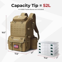 52L Fishing Tackle Backpack with Rod Holders & 4 Tackle Boxes, Large Tackle Bag