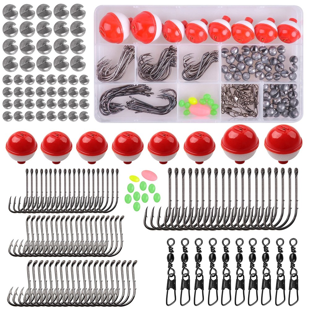 Fishing Tackle Kit, 160pcs Basic Bobbers and Hooks Assortment 2/0, Silver
