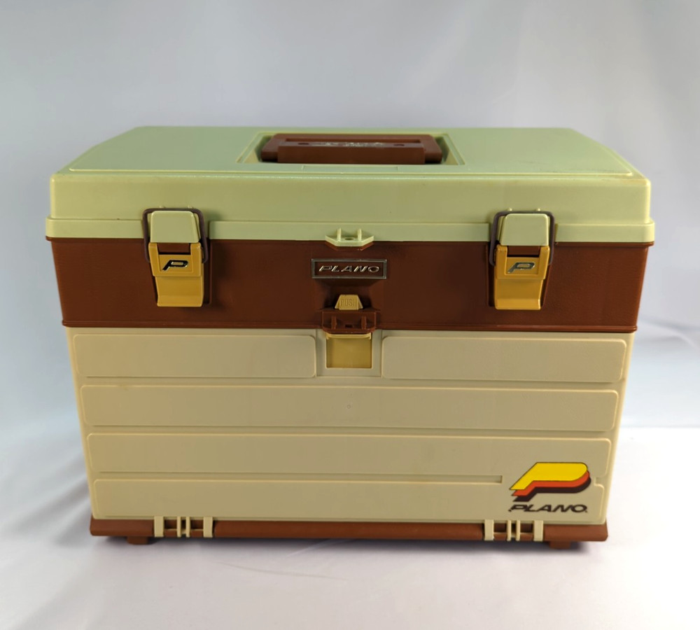 Vintage Plano 757 Tackle Box Fishing Storage Brown/Tan Made In USA 4 Drawers