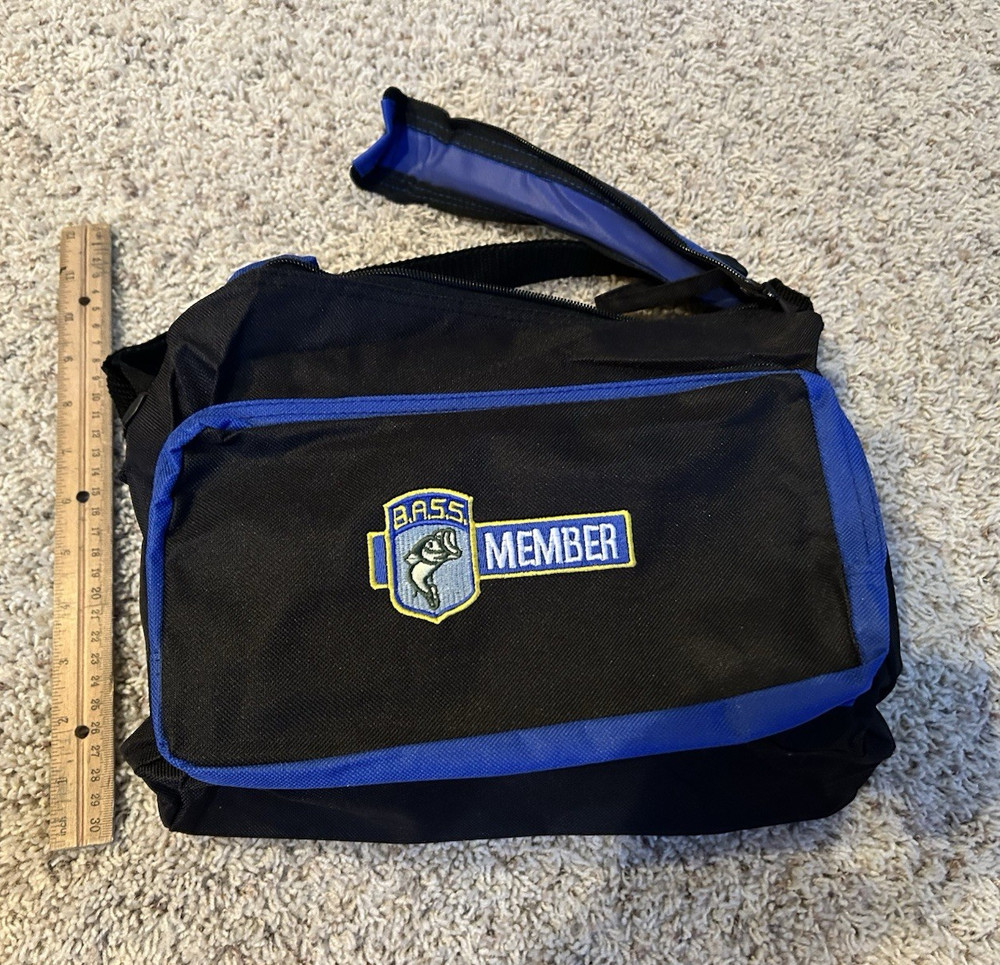 BASS Member Black/Blue Soft-Sided Tackle Bag with strap. Also side zip pocket.