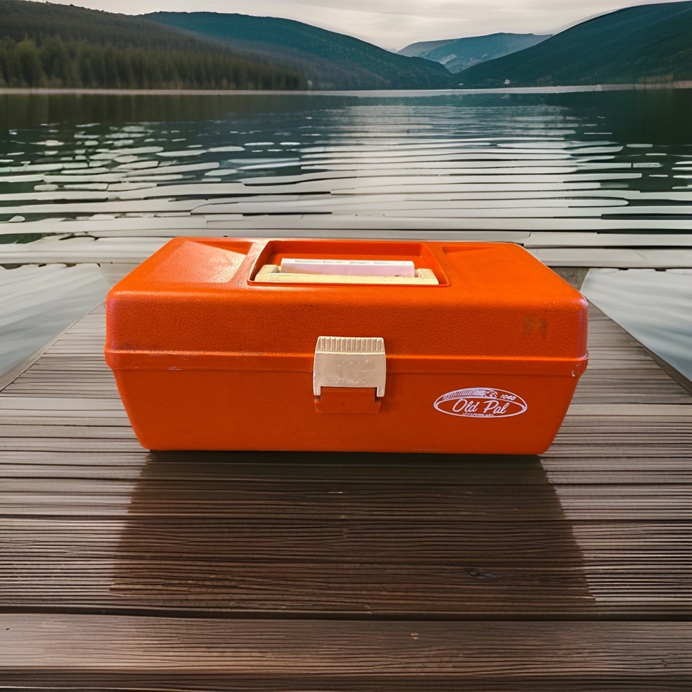 Vintage Old Pal Fishing Tackle Box Model 1040 White & Orange *STAINED*