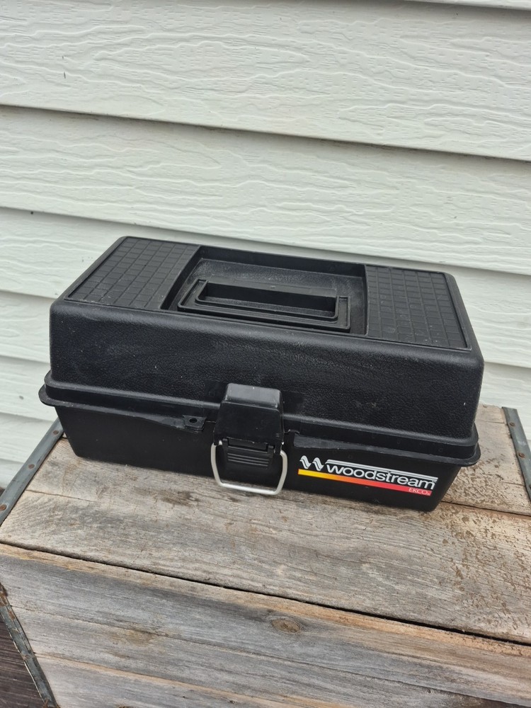 Vintage Tackle Box Black Plastic WOODSTREAM Ecko 2-Tray 14″ x 7″