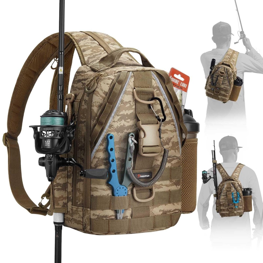 Piscifun Fishing Backpack with Rod Holder, Lightweight Sling Tackle Bag