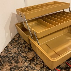 Vintage Old Pal Fishing Tackle Box Model 1050 Tan 2 Tray Plus Wooden Bobbers