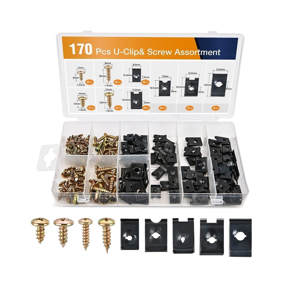 U-Clip & Screw Assortment – 170Pcs 9 Sizes – for Auto Interior