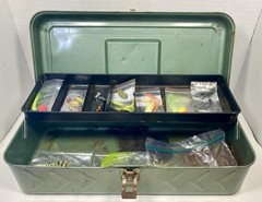 Vintage Old Fishing Tackle Box Metal Green Steel w/ Vintage Fishing Tackle Gear