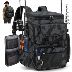 Large 45L Fishing Backpack – Water-Resistant Tackle Bag with 4 Rod Holders & Coo
