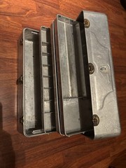 Vintage My Buddy 3 Tray Aluminum Fishing Tackle Box 1950’s w/ Corks Lures Hooks