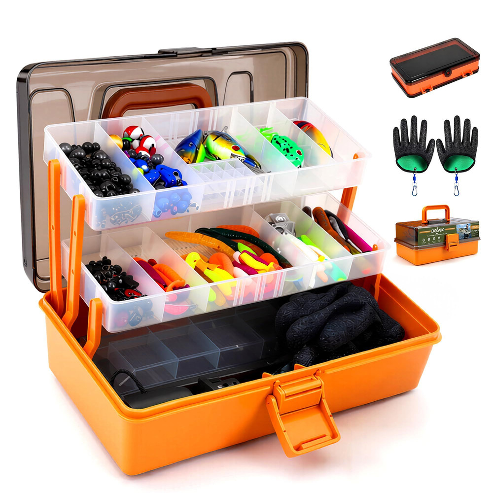 Large 3-Layer Tackle Box with Included, 417Pcs Fishing Large, Orange