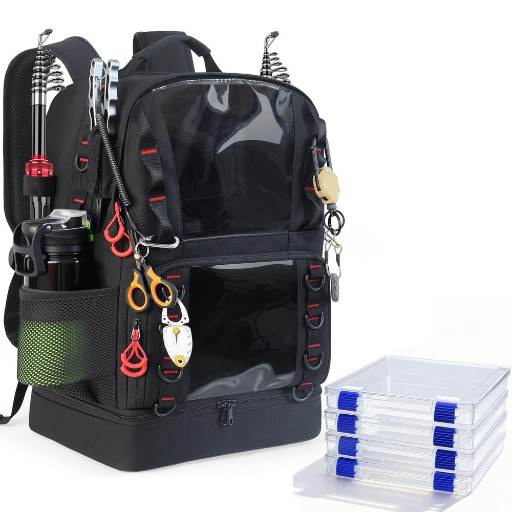 Fishing Tackle Backpack with 4 Tackle Boxes,45L Large Tackle Bag with 2 Rod H…