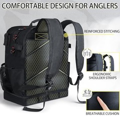 Fishing Tackle Backpack with Cooler, 2 Rod Holders, 45L, Black