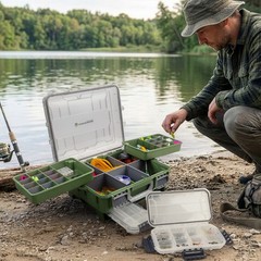 Fishing Tackle Box Dual Layer Organizer Adjustable Dividers 2 Trays, Green