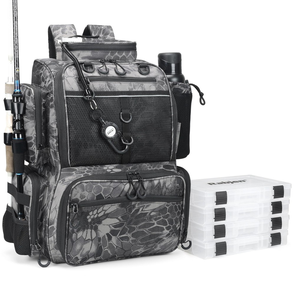 Rabjen Fishing Tackle Backpack with Rod 18.5”*12”*8.5”, Camouflage Black