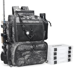 Rabjen Fishing Tackle Backpack with Rod 18.5”*12”*8.5”, Camouflage Black