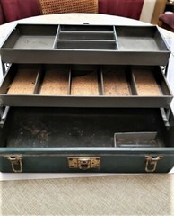 Vintage Eagle Lock Co. Metal Fishing Tackle Box With Cork Lined Shelves has Keys