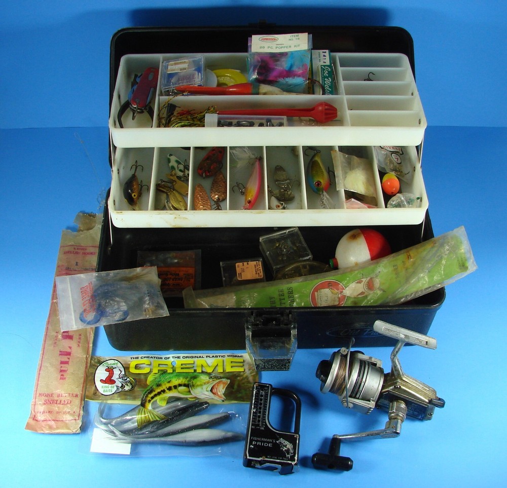 Old Pal 2 Tray Tackle Box With Lures Spinning Reel Soft Plastics Spoons Knife