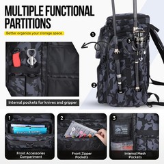 42L Fishing Backpack With Rod Holder Waterproof Tackle Box Bag Black Camo