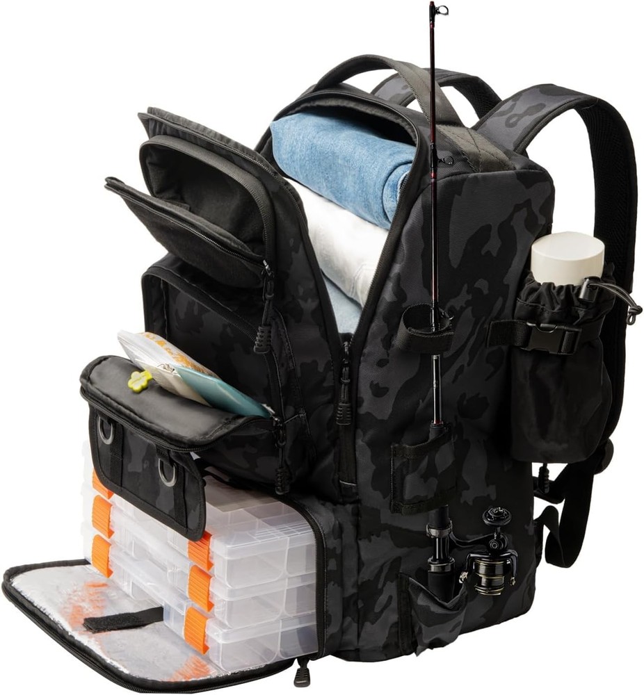 40L Fishing Tackle Backpack Bag With Rod Holders Cooler Storage Black Camo