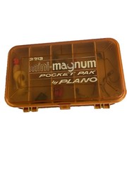 PLANO 3213 MINI-MAGNUM ORANGE AND TAN 2 SIDED TACKLE BOX WITH FISHING STUFF