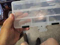 Two Plastic Fishing Tackle Boxes:Cabelas-9×4.5×1.5″. Plano-8.5×4.25×1.5″