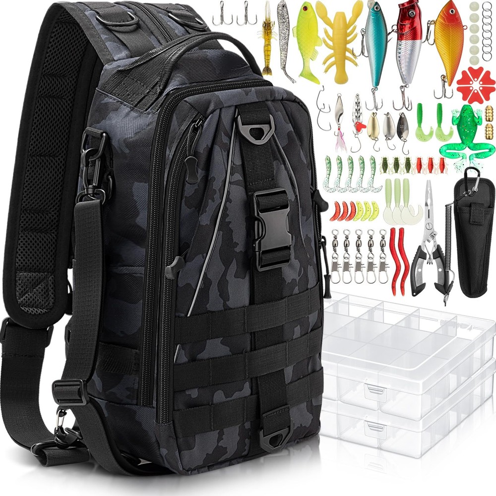 85 PCS Fishing Backpack Tackle Boxes Sling Bag Rod Holder Lures Pliers Set