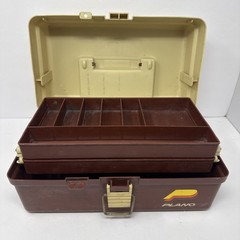 Vintage Plano Fishing Tackle Box Tan Brown Two Trays Plastic Travel Organizer