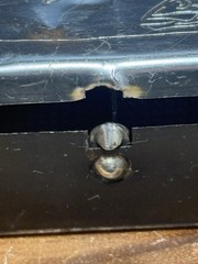 Vintage Metal Tin (8) Slot Fishing Tackle Box, w/ Fish Logos….. 10.5”x4.5”x1.5”