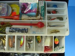 Old Pal 2 Tray Tackle Box With Lures Spinning Reel Soft Plastics Spoons Knife