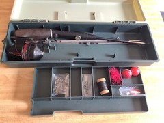 Vintage 16″ Green Tackle Box with South Bend Reel . Made in Taiwan