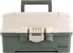 Two-Tray Tackle Box Plastic Green/Tan with Brass Latch Top-Access Deep Storage