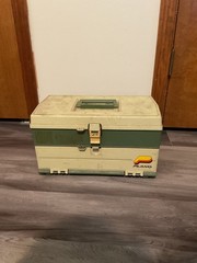 Vtg Plano 707 Tackle Box Tan/Green Handle 2 Drawer USA With Top Storage Fishing