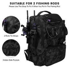 40L Fishing Tackle Backpack Bag With Rod Holders Cooler Storage Black Camo