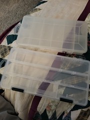 Two Plastic Fishing Tackle Boxes:Cabelas-9×4.5×1.5″. Plano-8.5×4.25×1.5″