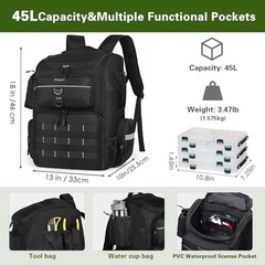 45L Fishing Backpack with Rod Holders, Water-Resistant Nylon, Black