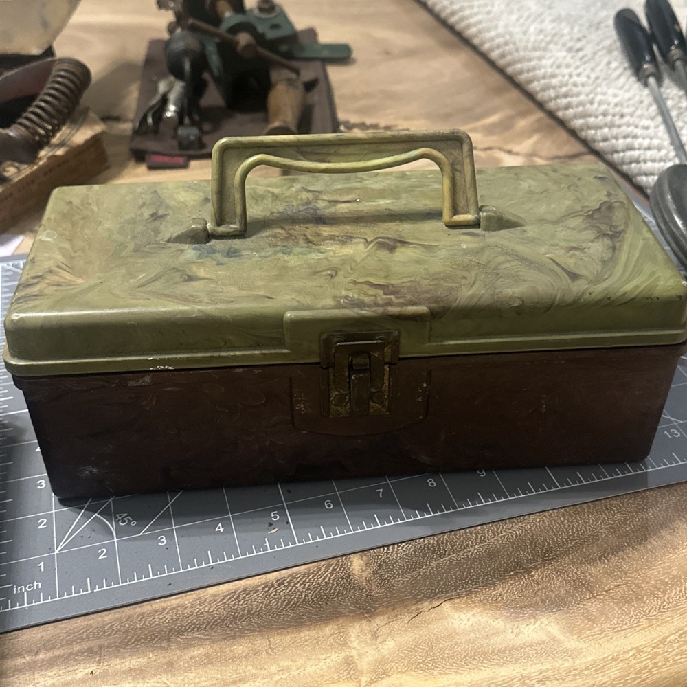 Vintage Brown Green Marbled Bakelite Tackle Or Tool Box 11x4x5 Inch