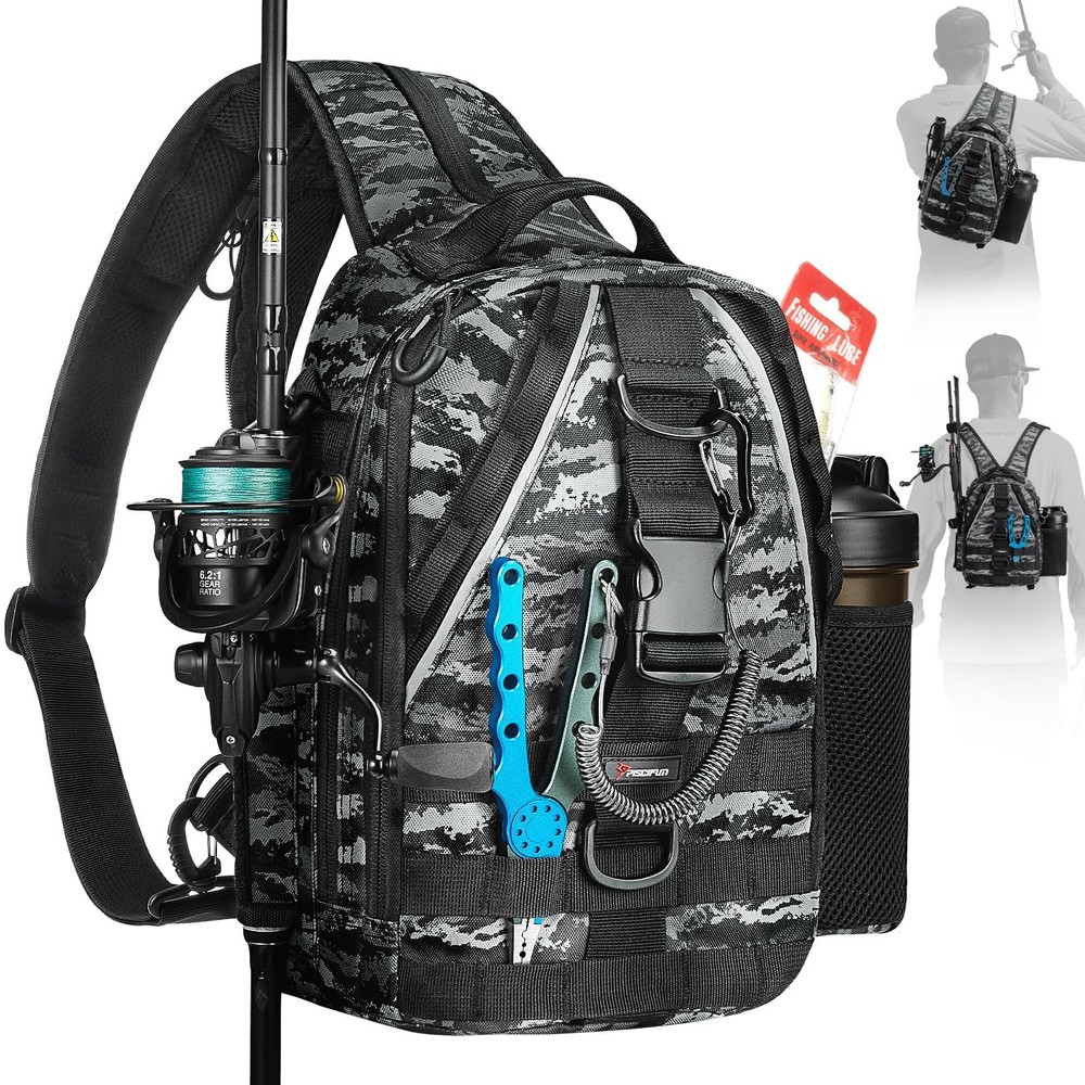 Fishing Backpack, Rod Holders, Lightweight Sling Bag, Black Camo