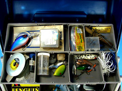 Flambeau 1 Tray Tackle Box With Lures Reel Spoons Terminal Tackle & Penquin Line