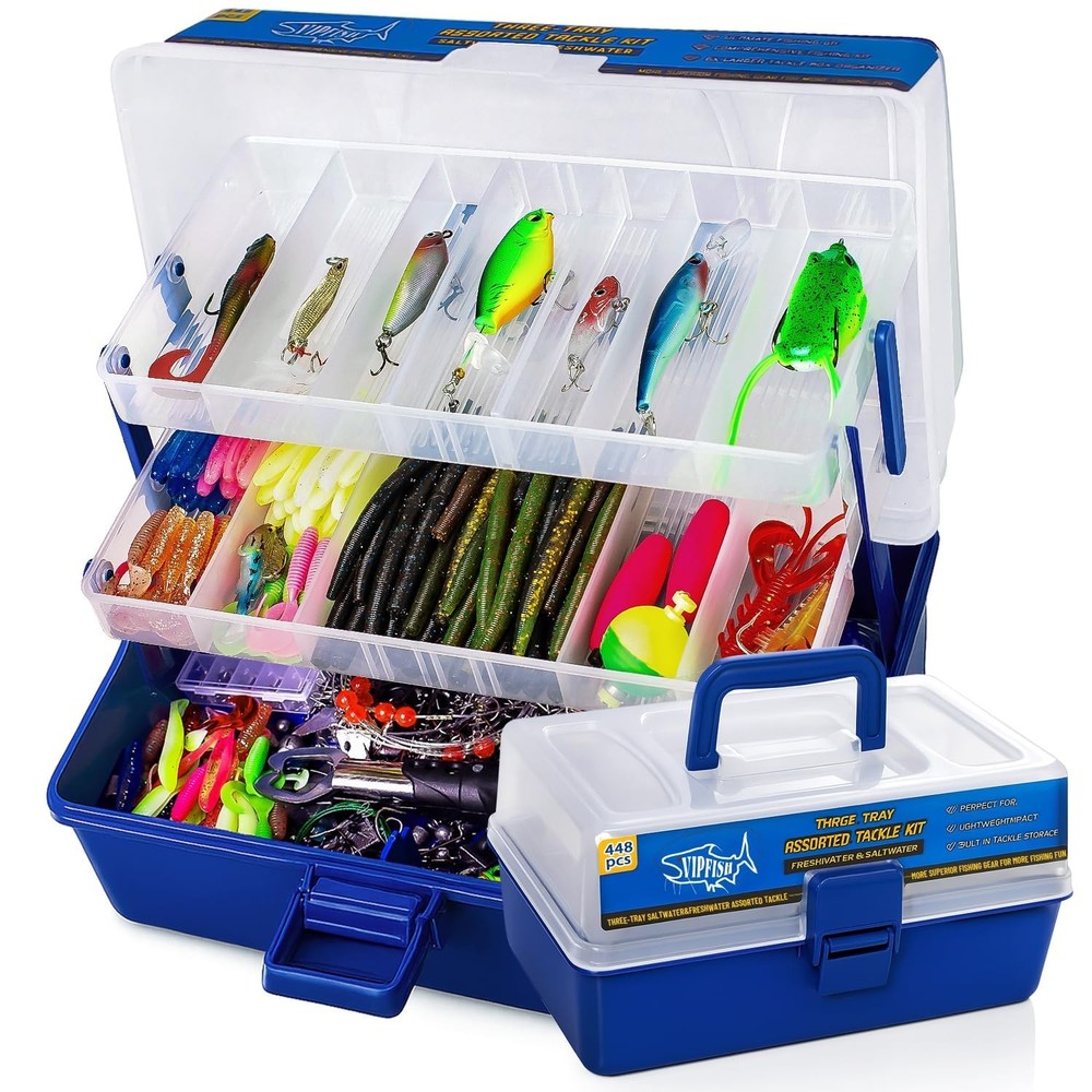 Vipfish 448-Pcs Fishing Kit: 3-Layer Tackle Box, Lures, Gear for Men, Dads